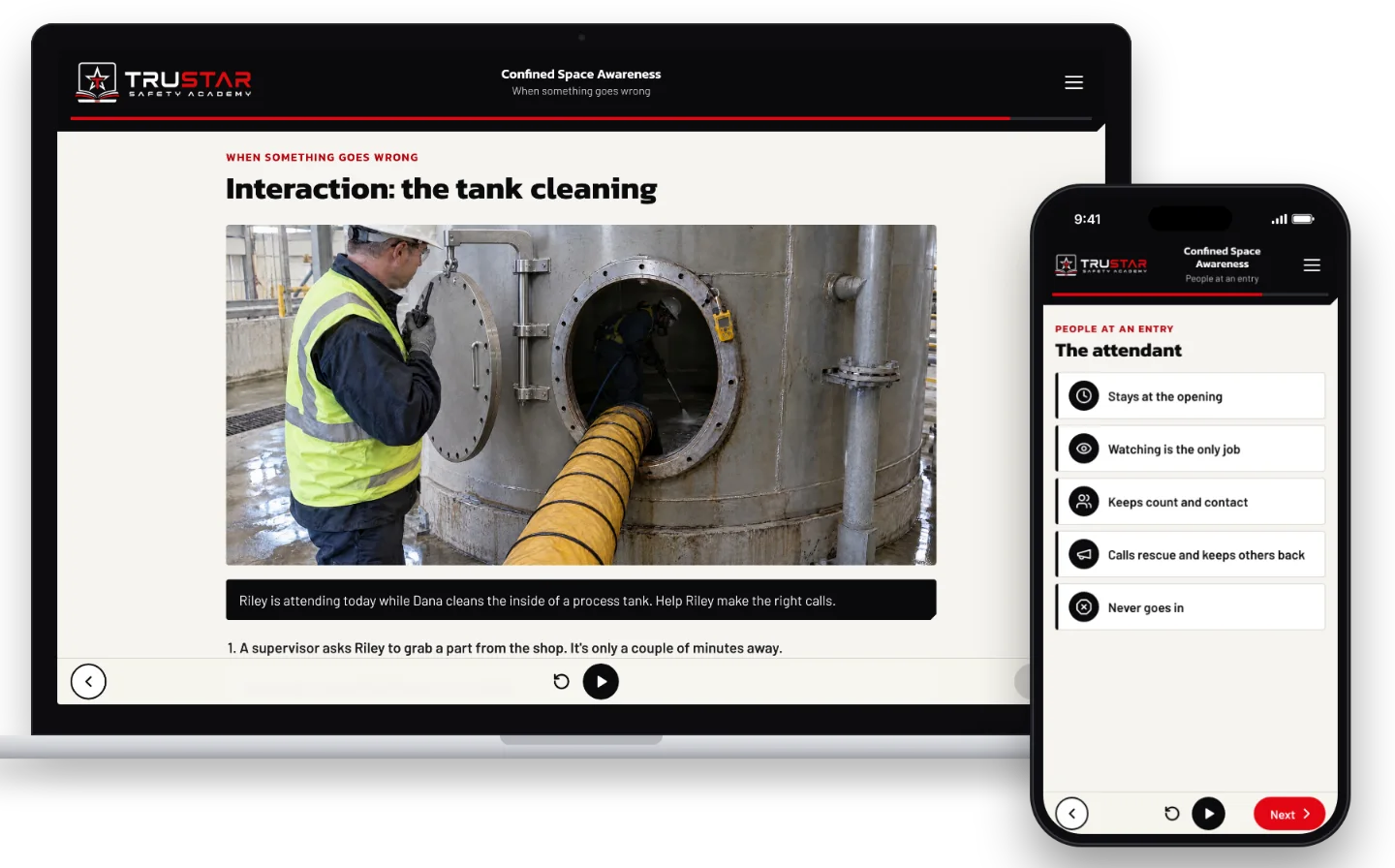 The Confined Space Awareness course on a laptop, showing an attendant at the manway of a process tank in a decision scenario, and on a phone, the attendant's job.