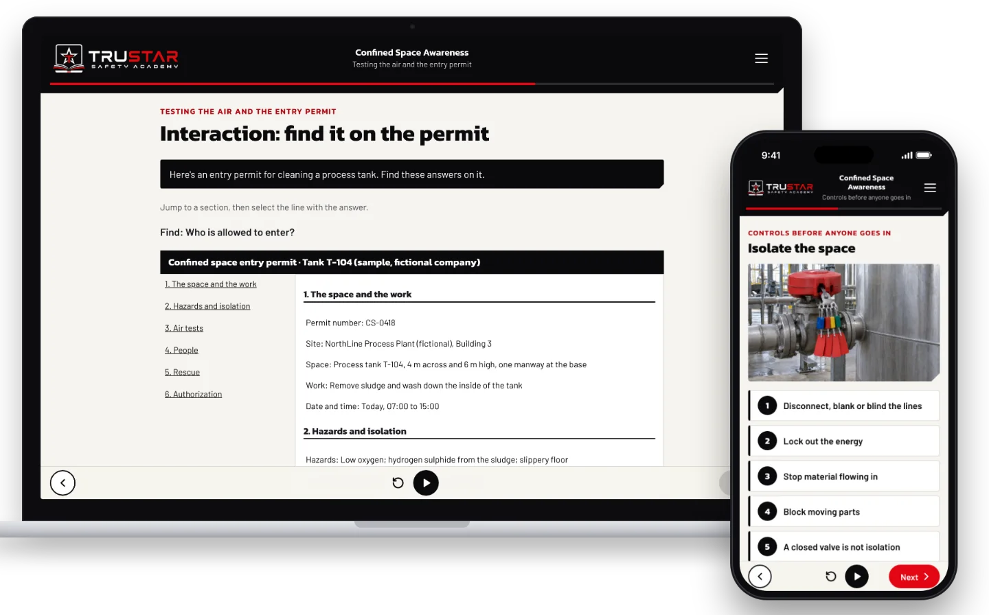The Confined Space Awareness course on a laptop, showing a confined space entry permit to search for answers, and on a phone, the steps for isolating a space beside a locked-out valve.