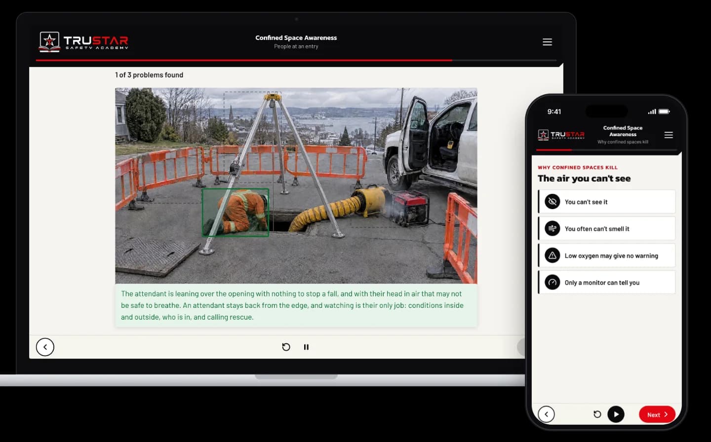 The Confined Space Awareness course on a laptop, showing a city vault hazard-spotting scene with the attendant leaning over the opening marked as a problem, and on a phone, why the air in a confined space gives no warning.