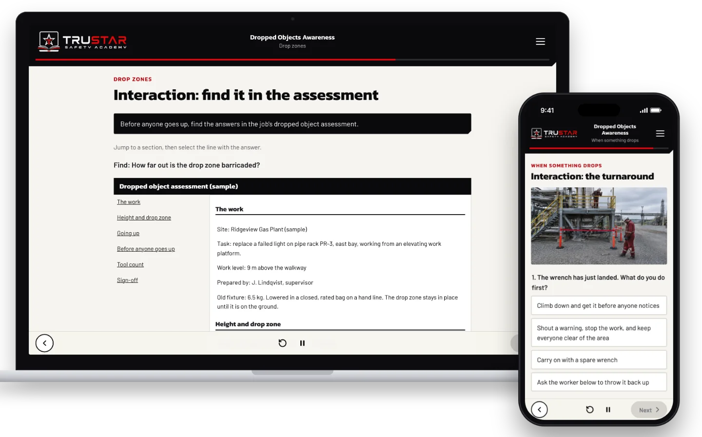 The Dropped Objects Awareness course on a laptop, showing a filled-in dropped object assessment for replacing a pipe rack light, with a question to answer from it, and on a phone, a scenario where a wrench has just dropped during a plant turnaround.