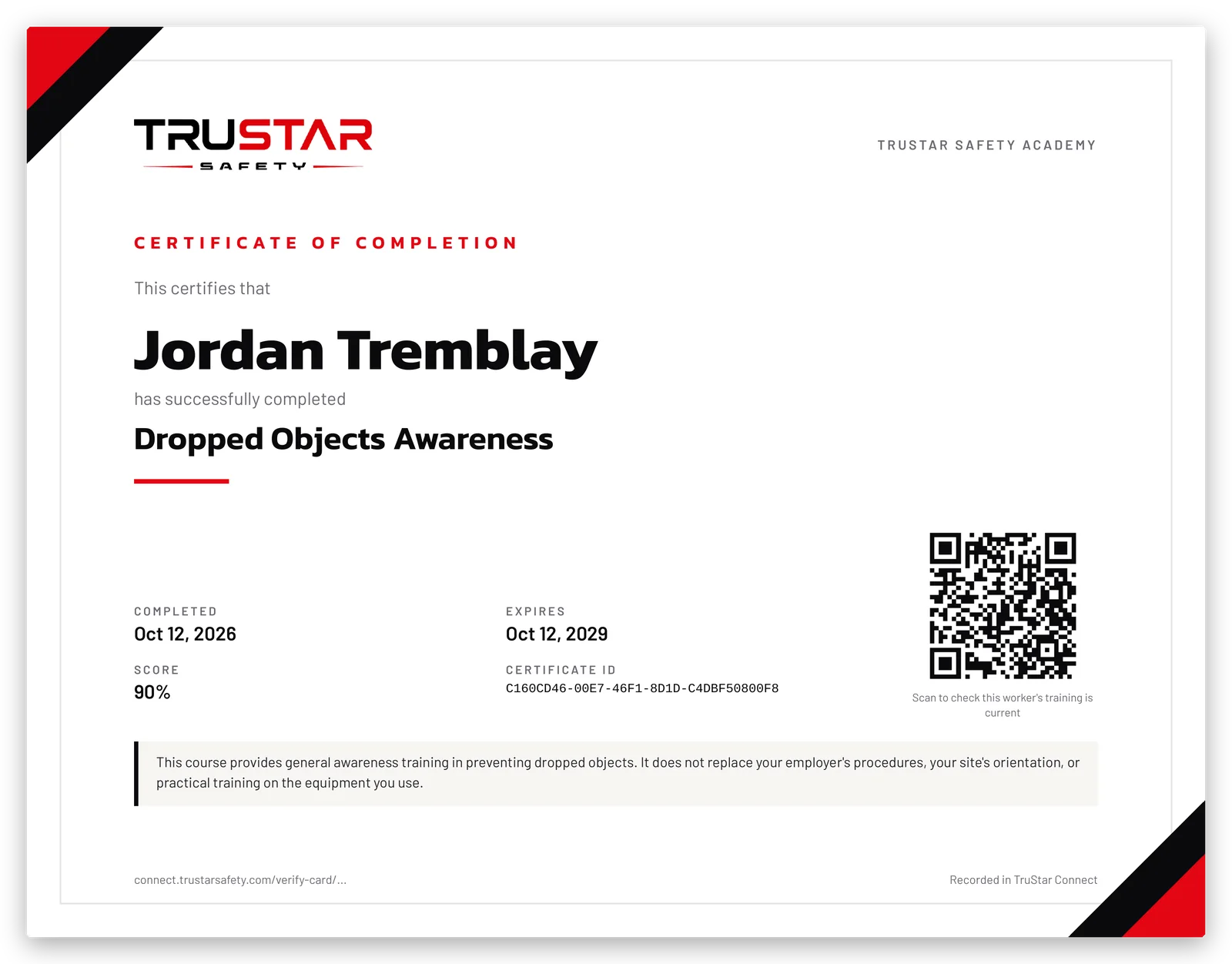 Sample Dropped Objects Awareness certificate for a learner named Jordan Tremblay