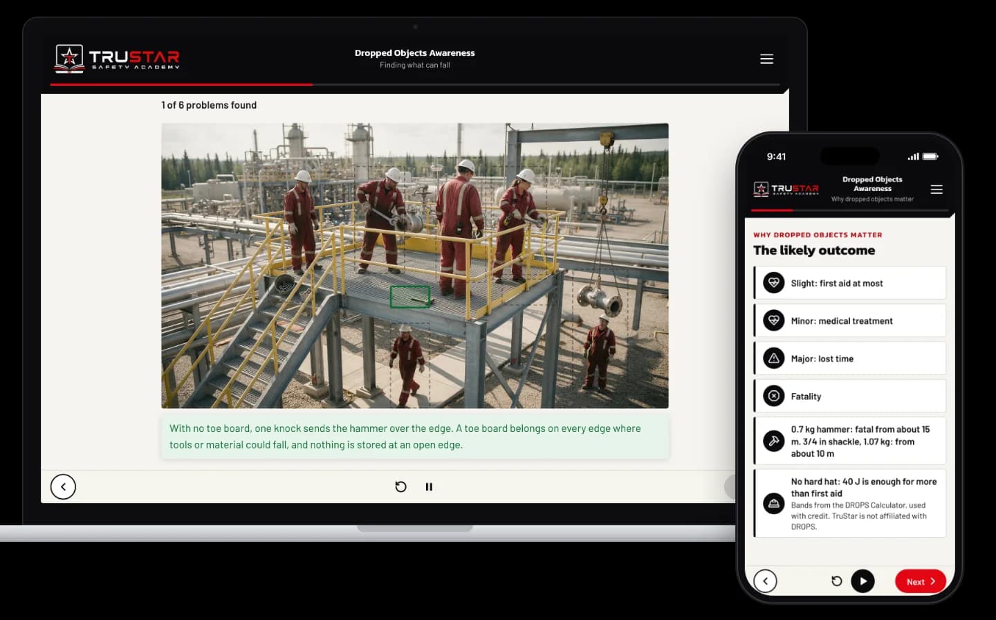 The Dropped Objects Awareness course on a laptop, showing a steel work platform at a gas plant with a hammer lying at an edge that has no toe board, marked as a problem found, and on a phone, the likely outcome of a dropped object from first aid to a fatality.