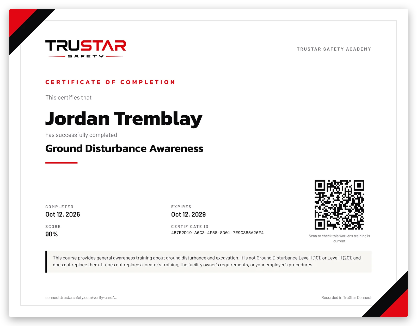 Sample Ground Disturbance Awareness certificate for a learner named Jordan Tremblay