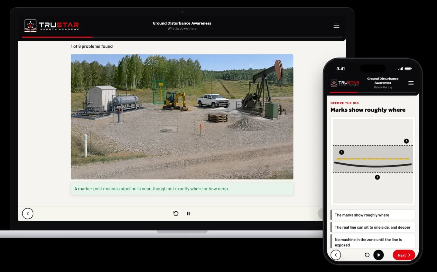 The Ground Disturbance Awareness course on a laptop, showing an oil and gas lease with a pipeline marker post found as a sign of a buried line and five more signs to find, and on a phone, a diagram of locate marks with the real line running to one side and the hand-dig zone either side.