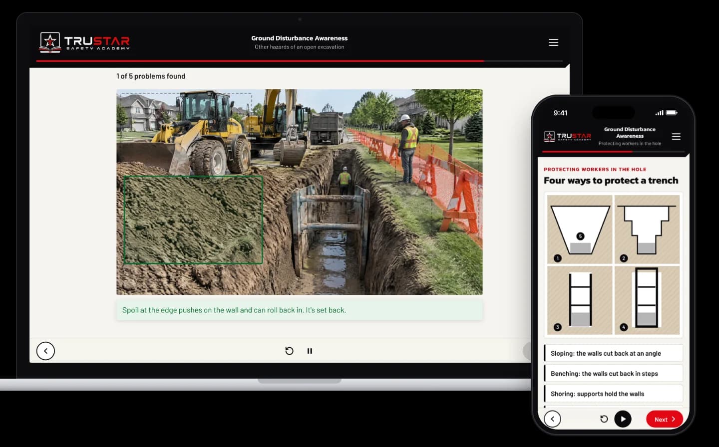 The Ground Disturbance Awareness course on a laptop, showing a trench along a city boulevard with spoil piled at its edge found as a problem, and on a phone, a diagram of sloping, benching, shoring and a trench box.