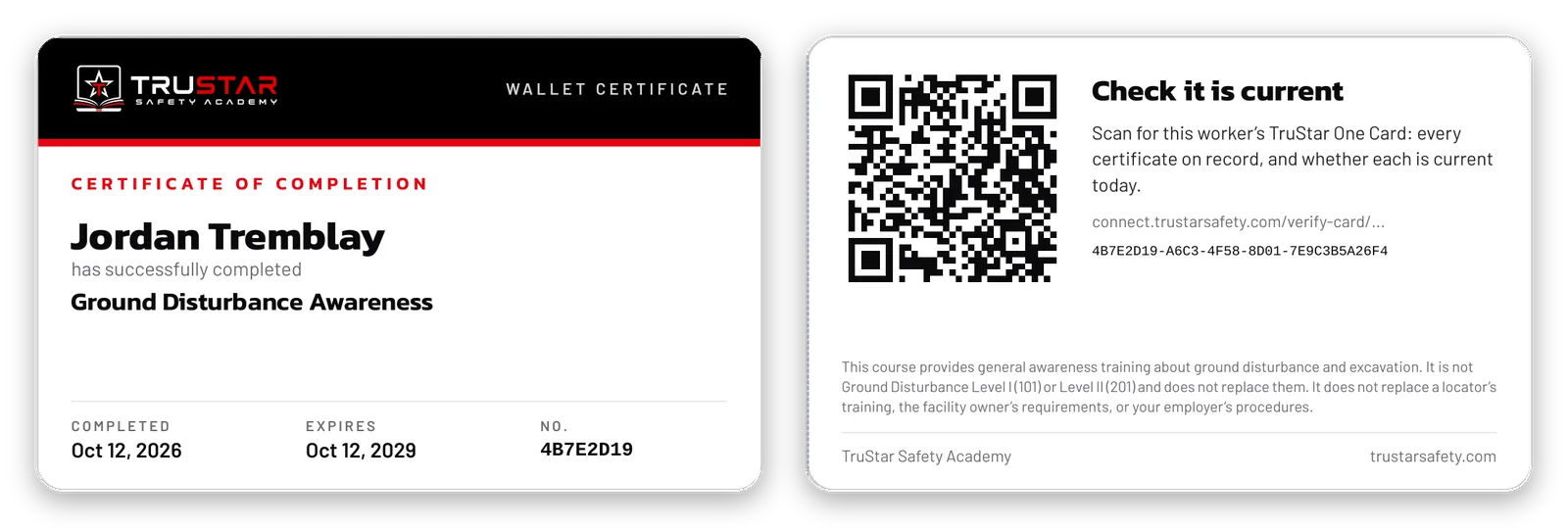 Front and back of a sample Ground Disturbance Awareness wallet card, with the QR code on the back