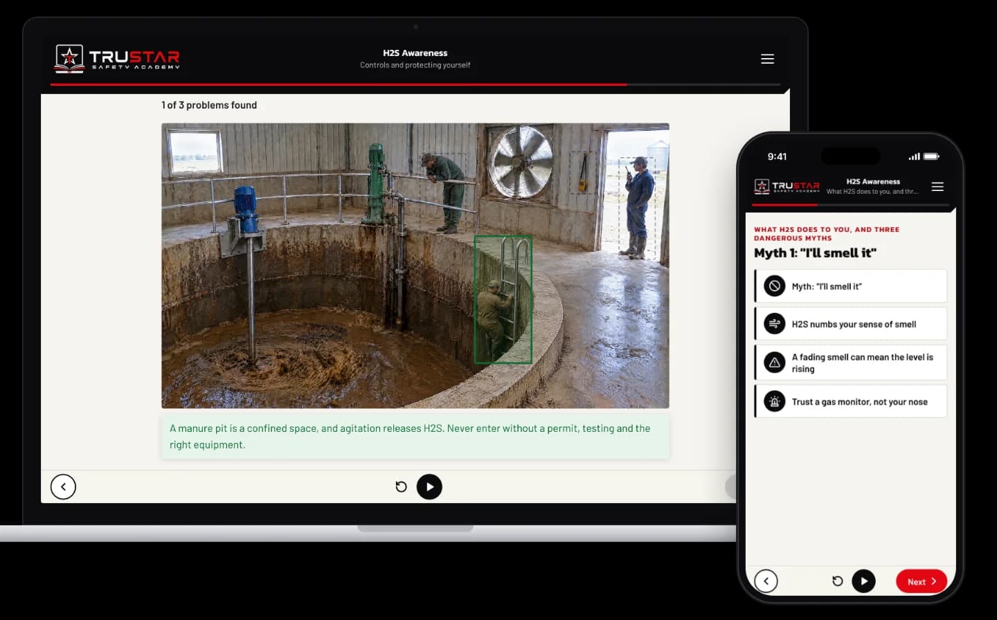 The H2S Awareness course on a laptop, showing a barn manure pit hazard-spotting scene with a worker climbing down into the pit marked as a hazard, and on a phone, explaining why you cannot trust your nose to smell H2S.