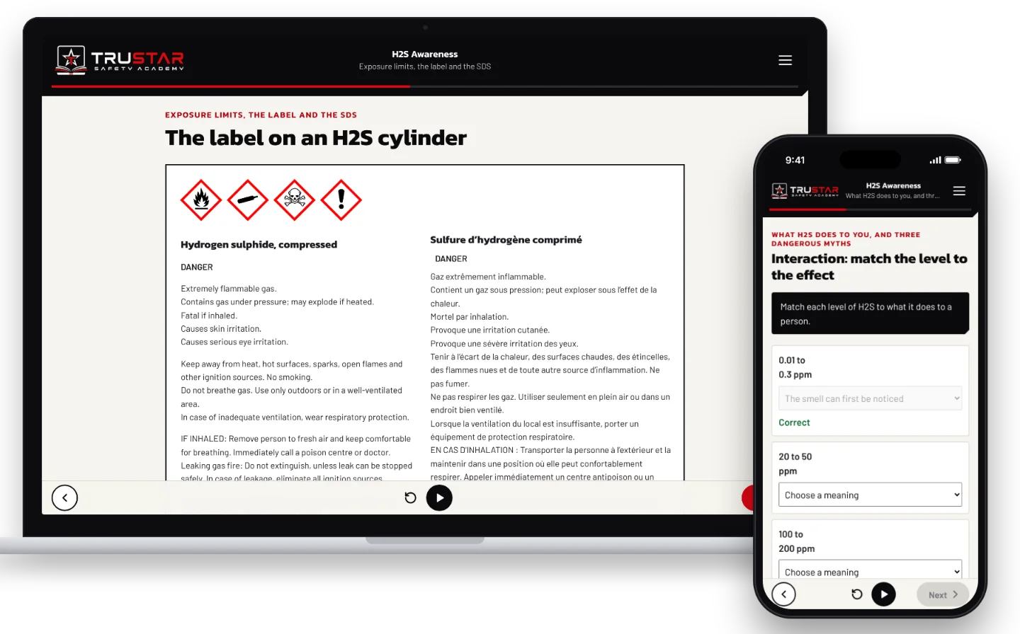 The H2S Awareness course on a laptop, showing a complete bilingual supplier label for a hydrogen sulphide cylinder, and on a phone, matching levels of H2S to what they do to you.