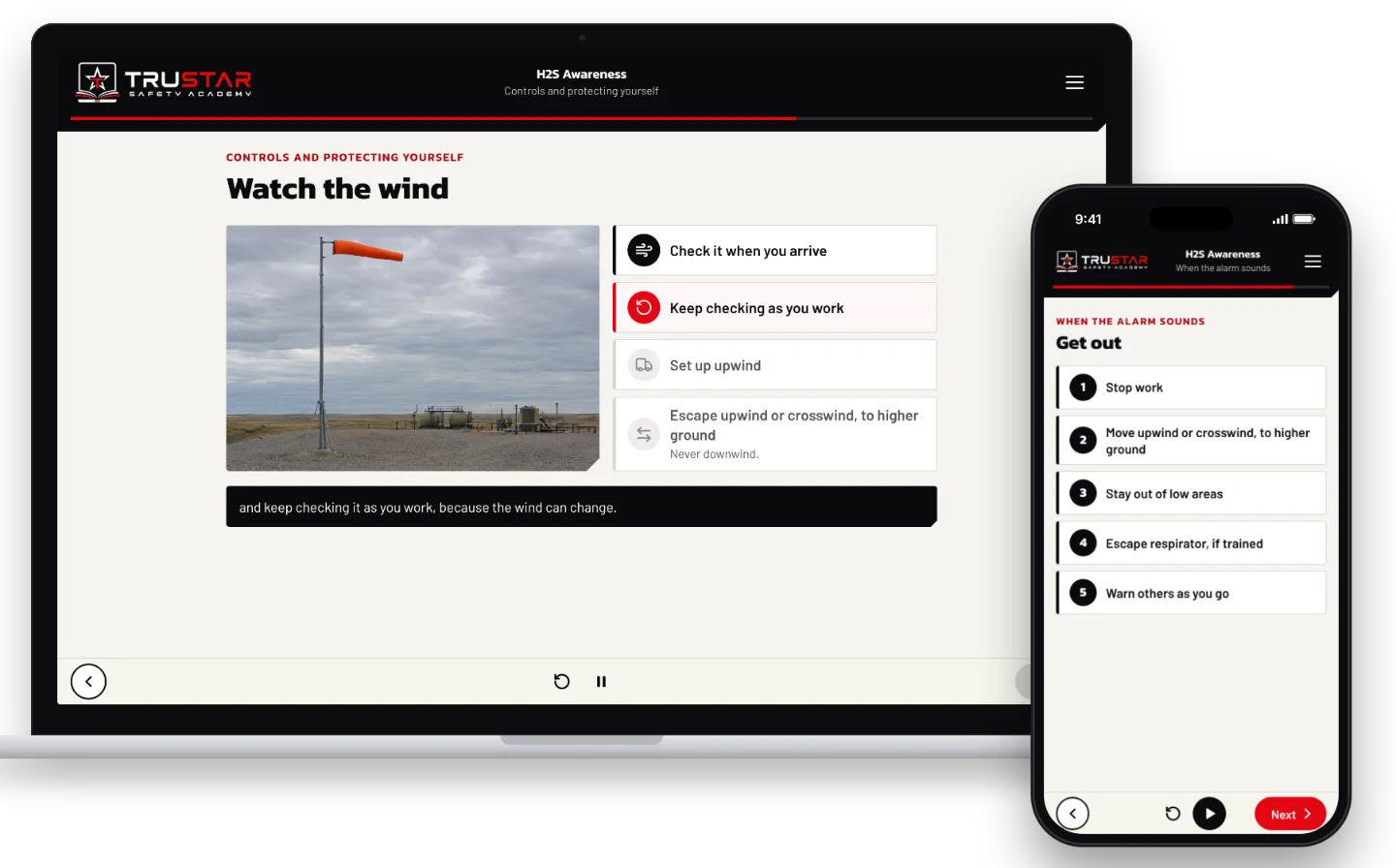 The H2S Awareness course on a laptop, showing a windsock on a wellsite beside the steps for watching the wind, and on a phone, the steps for getting out when the alarm sounds.