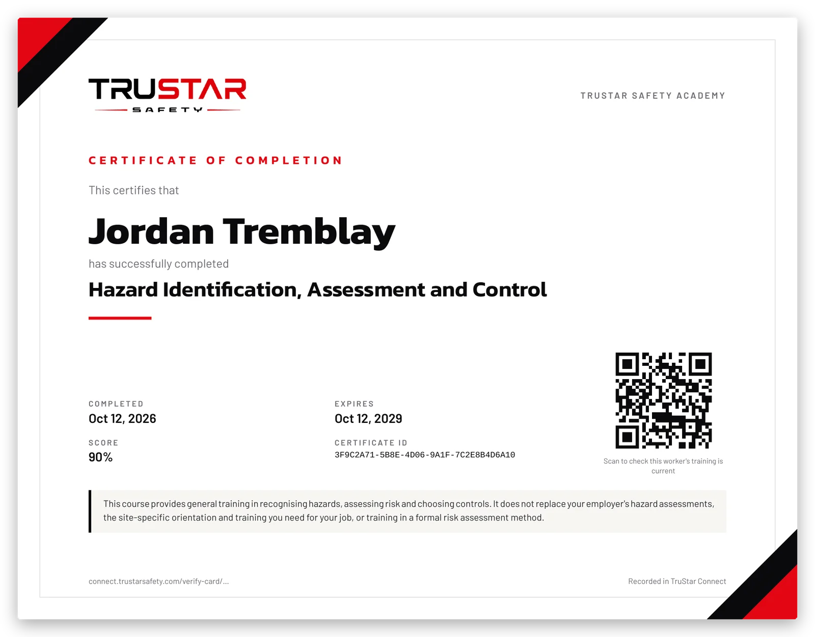 Sample Hazard Identification, Assessment and Control certificate for a learner named Jordan Tremblay