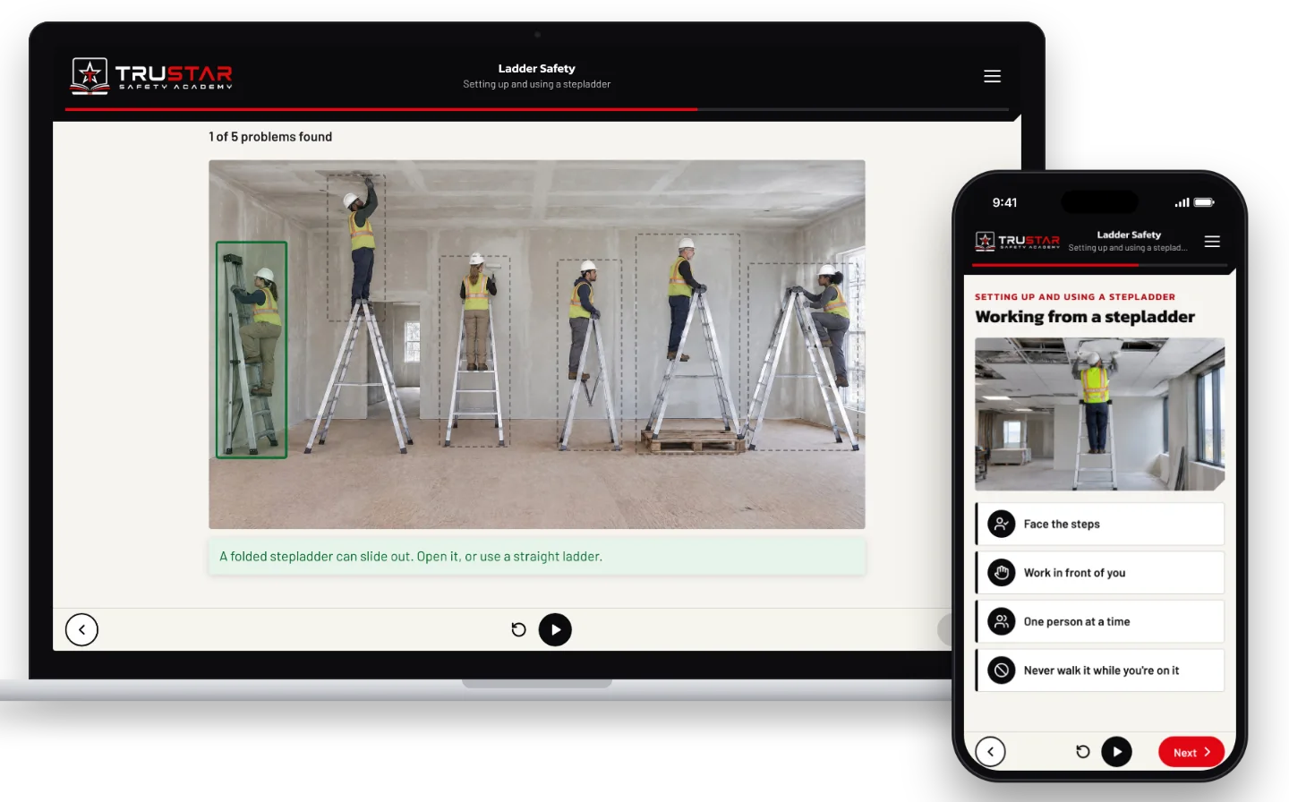 The Ladder Safety course on a laptop, showing six workers on stepladders in a house under construction, with one wrong use found, a folded stepladder leaned against a wall, and on a phone, a worker on a stepladder working on a ceiling tile in front of them.