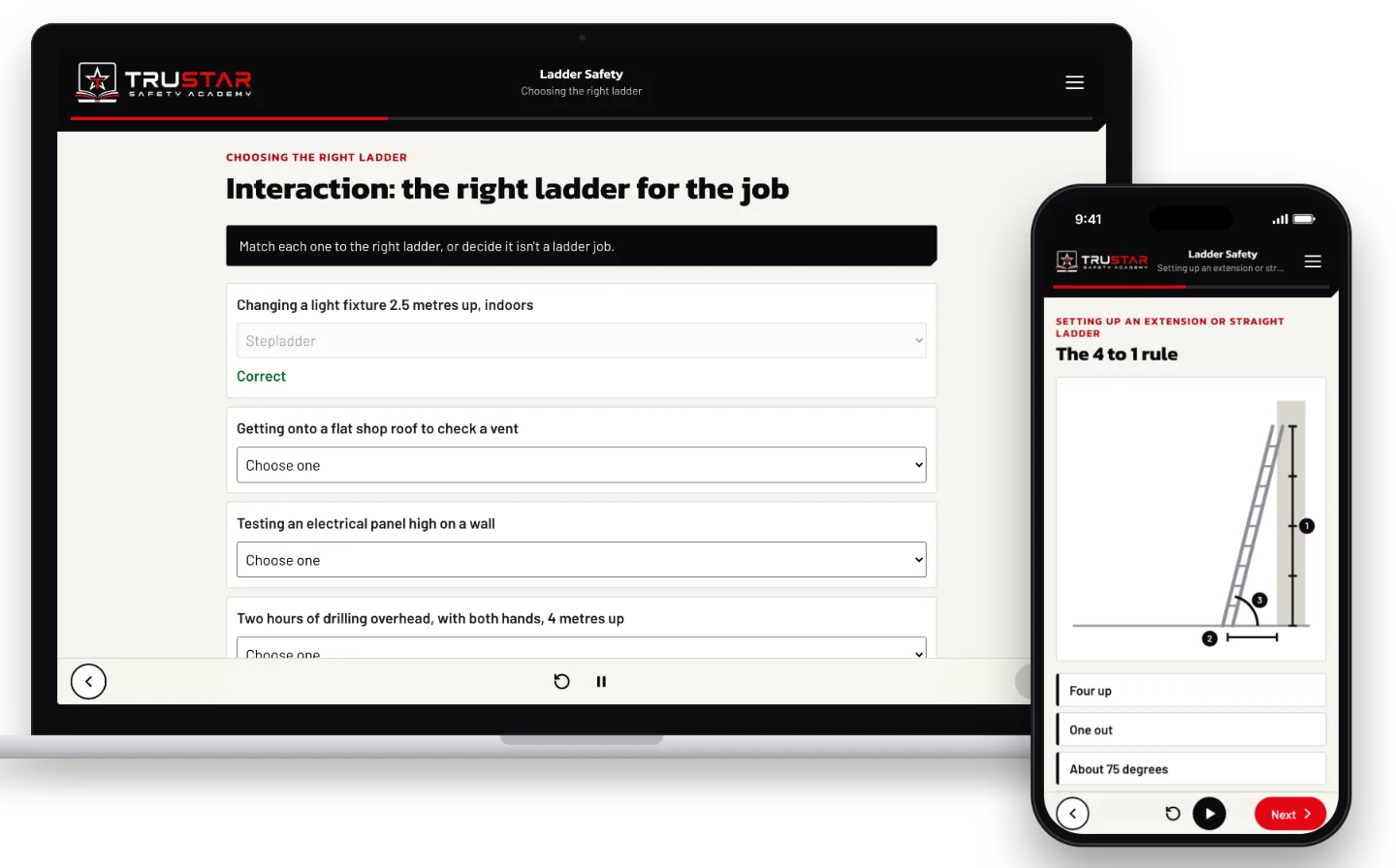 The Ladder Safety course on a laptop, showing jobs to match to the right ladder, with the first matched to a stepladder, and on a phone, a diagram of the 4 to 1 rule for an extension ladder.
