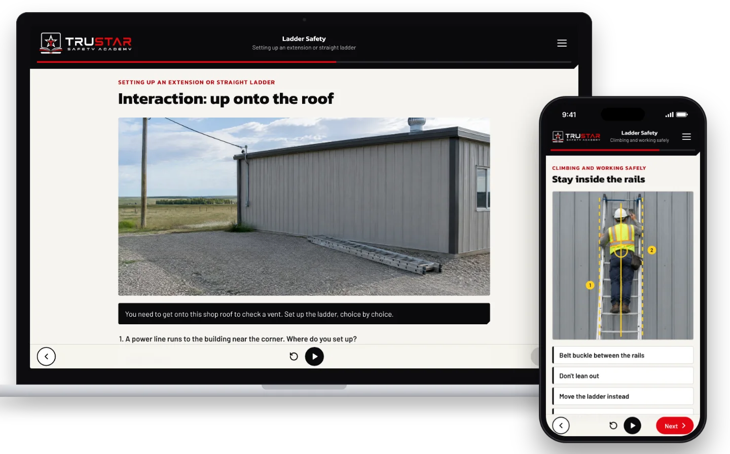 The Ladder Safety course on a laptop, showing a shop building with an extension ladder on the ground, to set up choice by choice to get onto the roof, and on a phone, a worker on a ladder with their belt buckle between the rails.