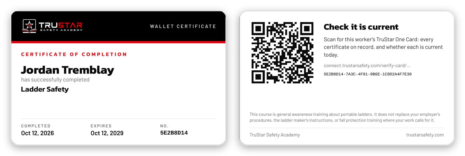 Front and back of a sample Ladder Safety wallet card, with the QR code on the back