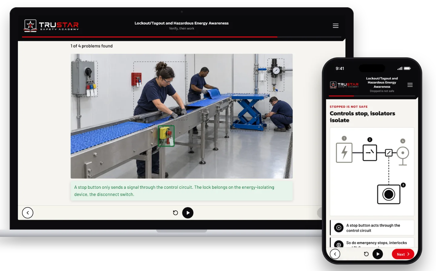 The Lockout/Tagout and Hazardous Energy Awareness course on a laptop, showing a conveyor lockout hazard-spotting scene with a lock on the stop button station marked as a problem, and on a phone, a diagram of why a stop button never cuts the supply.