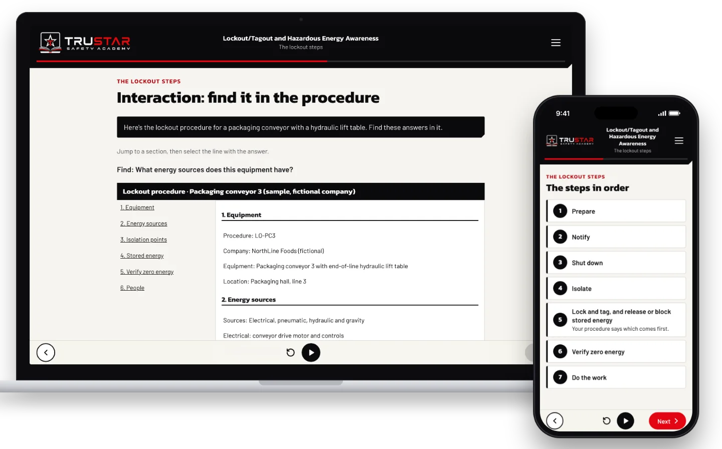 The Lockout/Tagout and Hazardous Energy Awareness course on a laptop, showing a machine lockout procedure to search for answers, and on a phone, the steps of a lockout in order.