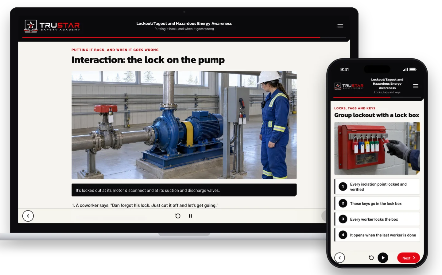 The Lockout/Tagout and Hazardous Energy Awareness course on a laptop, showing a locked-out transfer pump at an oil and gas facility in a decision scenario, and on a phone, how a group lock box keeps every worker protected.