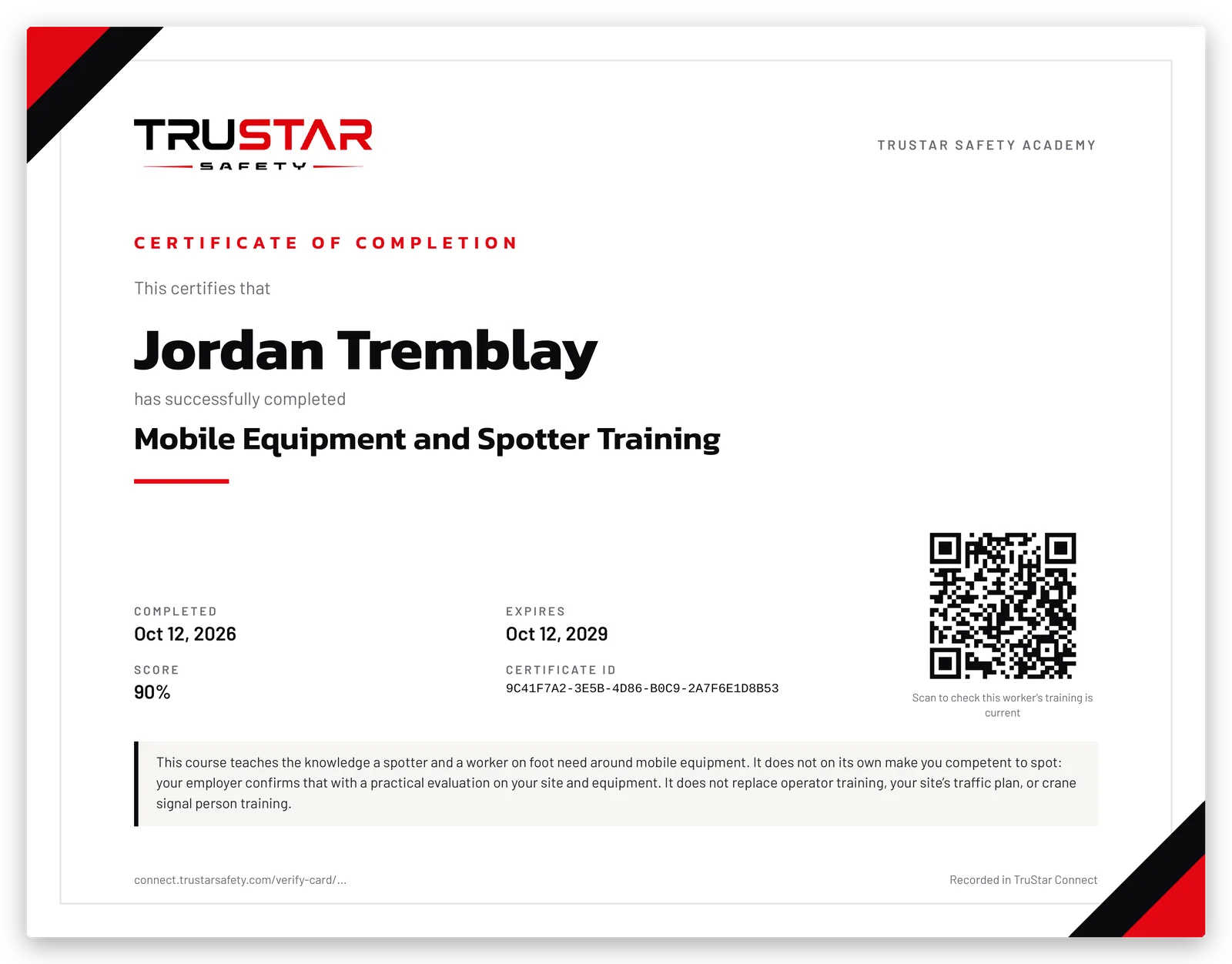 Sample Mobile Equipment and Spotter Training certificate for a learner named Jordan Tremblay