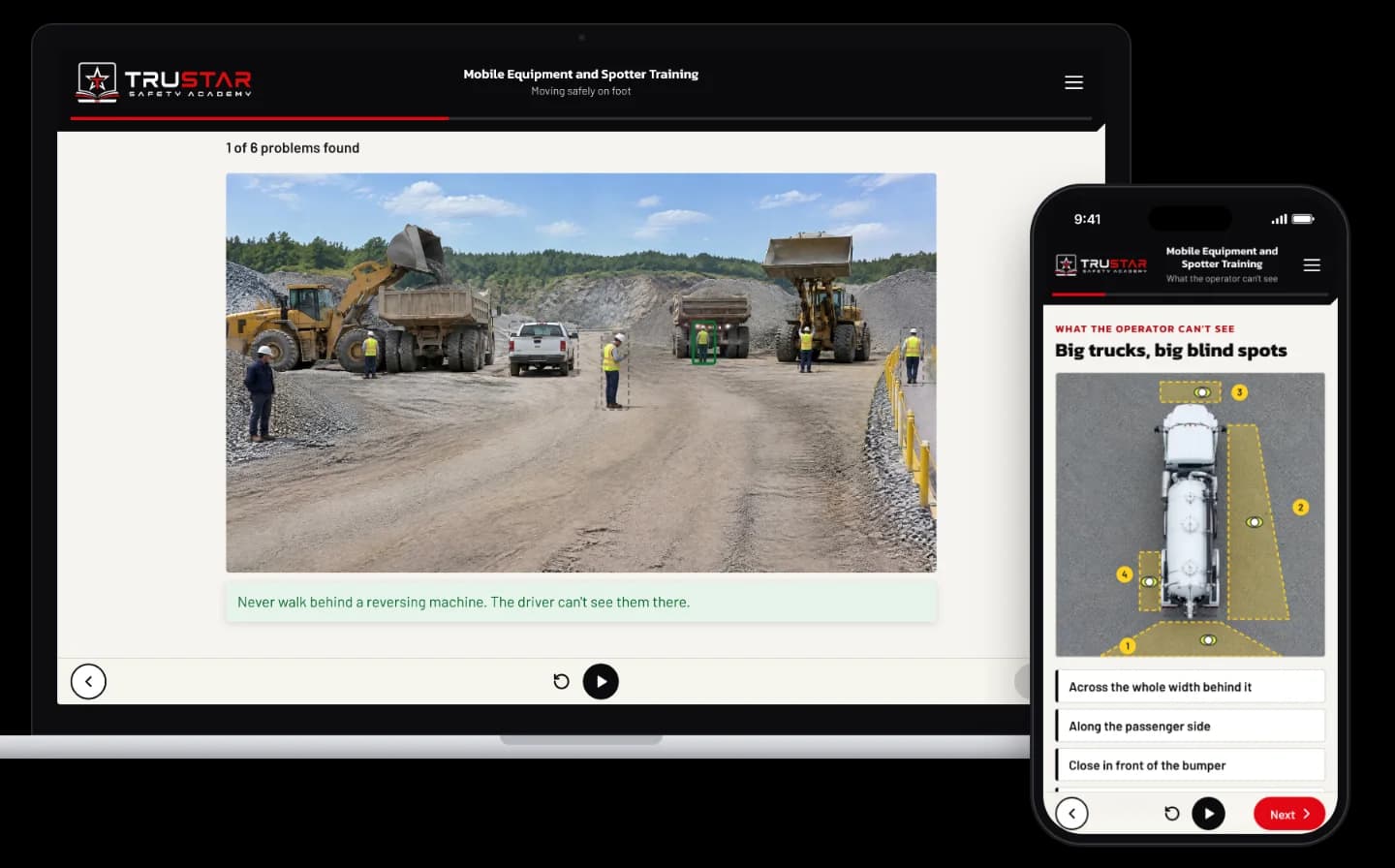 The Mobile Equipment and Spotter Training course on a laptop, showing a busy gravel pit with loaders, haul trucks and workers on foot, with one problem found, a worker walking behind a reversing haul truck, and on a phone, a top-down diagram of a vac truck's blind spots.