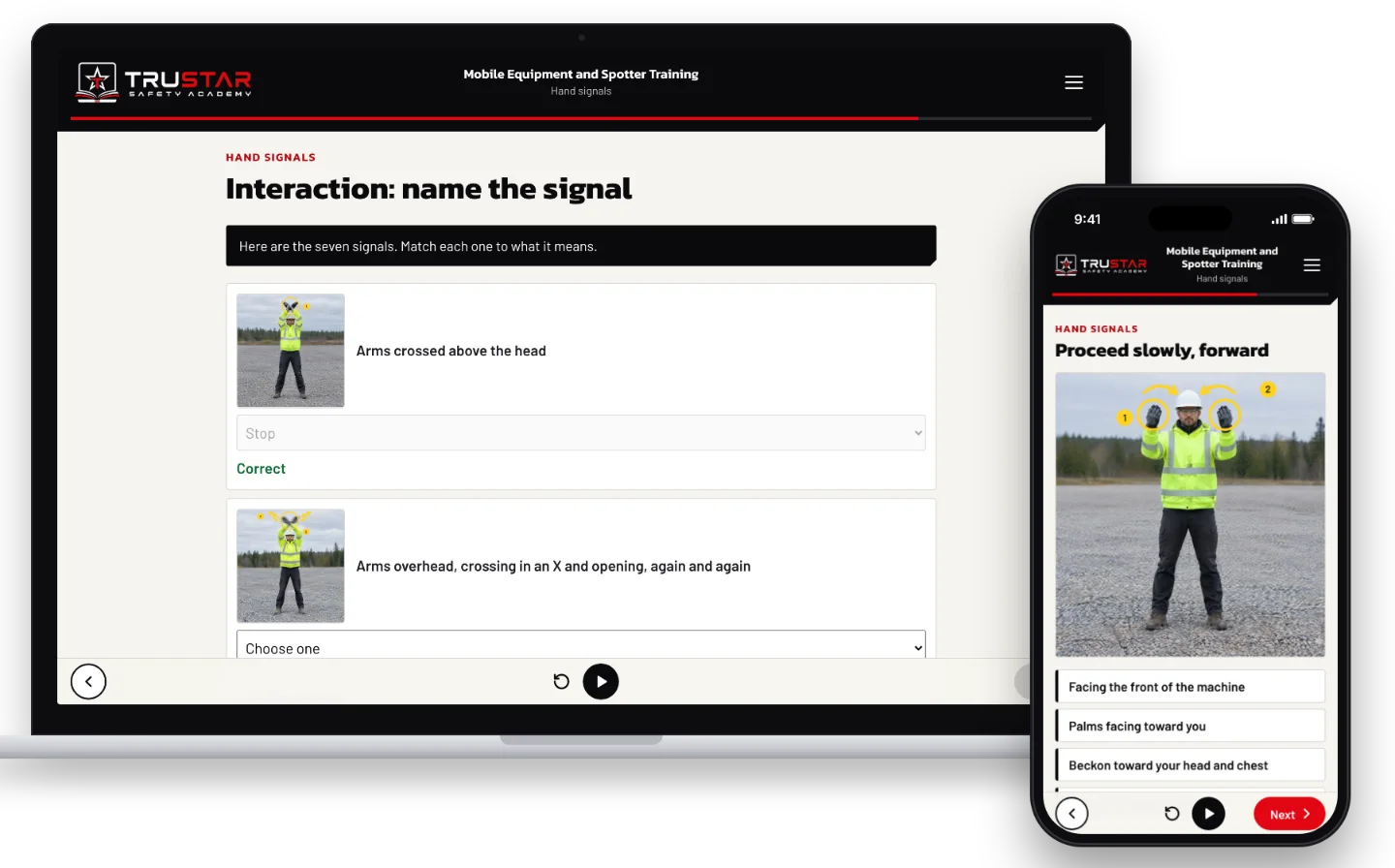 The Mobile Equipment and Spotter Training course on a laptop, showing photos of a spotter's hand signals to match to their meanings, with the stop signal matched, and on a phone, the forward signal, given facing the front of the machine, on a photo of a spotter.