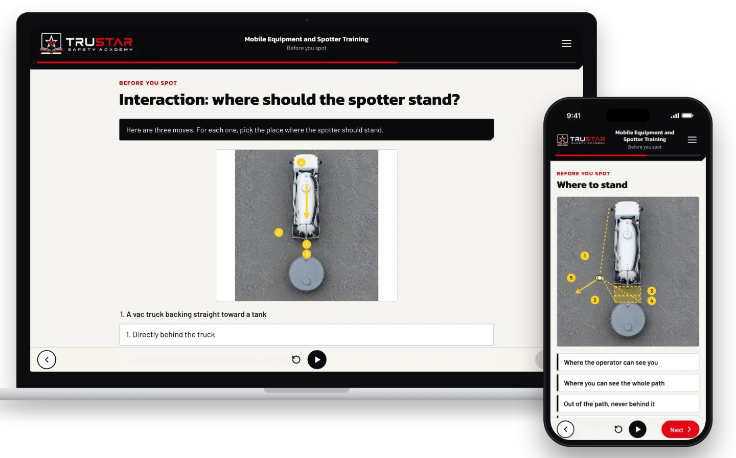The Mobile Equipment and Spotter Training course on a laptop, showing a choice of where the spotter stands as a vac truck backs toward a tank, seen from above with numbered places, and on a phone, a top-down diagram of where a spotter stands.