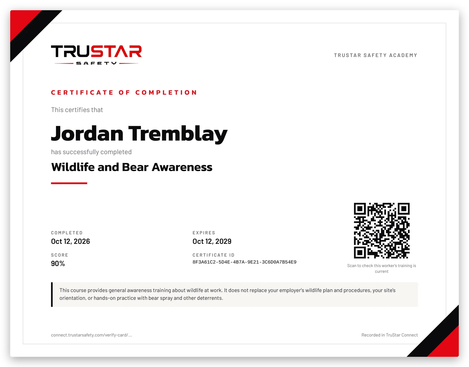 Sample Wildlife and Bear Awareness certificate for a learner named Jordan Tremblay