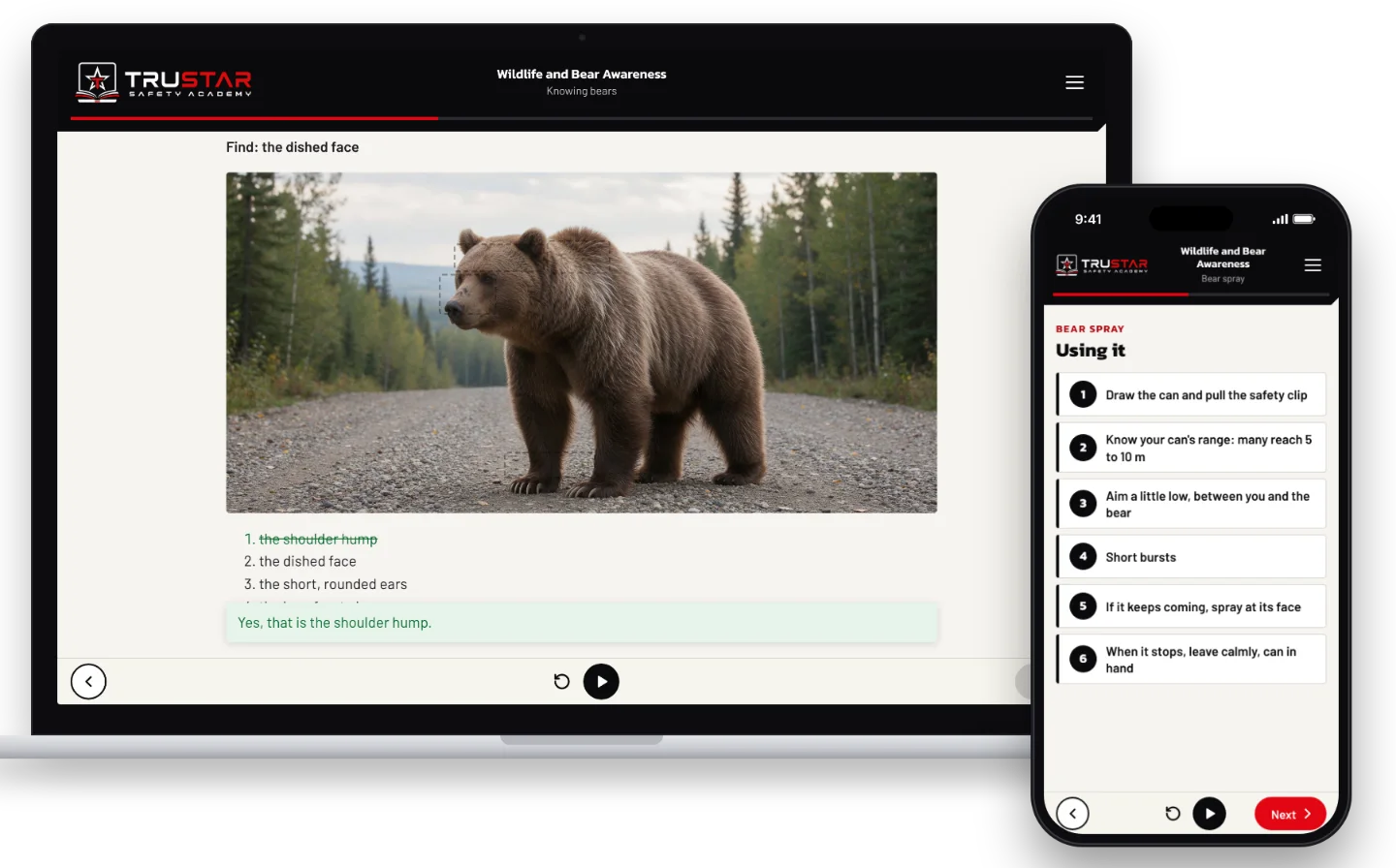 The Wildlife and Bear Awareness course on a laptop, showing a grizzly on a lease road with its shoulder hump found and the dished face to find next, and on a phone, the six steps of using bear spray.