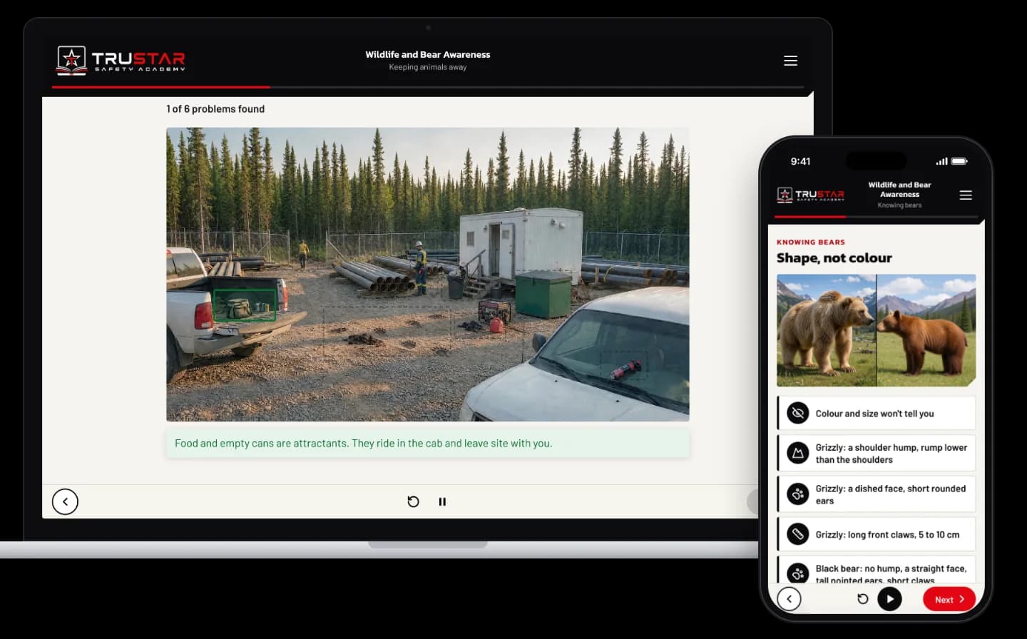 The Wildlife and Bear Awareness course on a laptop, showing a pipeline laydown yard with a lunch bag and drink cans in an open truck box marked as a problem found, and on a phone, a grizzly and a brown black bear side by side with the features that tell them apart.