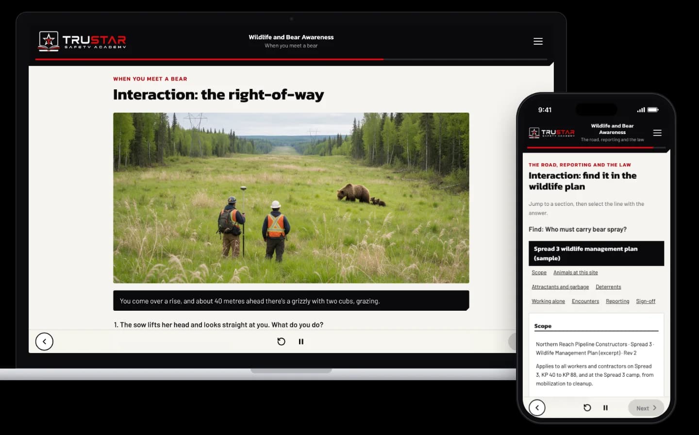 The Wildlife and Bear Awareness course on a laptop, showing two surveyors on a pipeline right-of-way with a grizzly and two cubs grazing ahead, and on a phone, a site wildlife plan to find answers in.