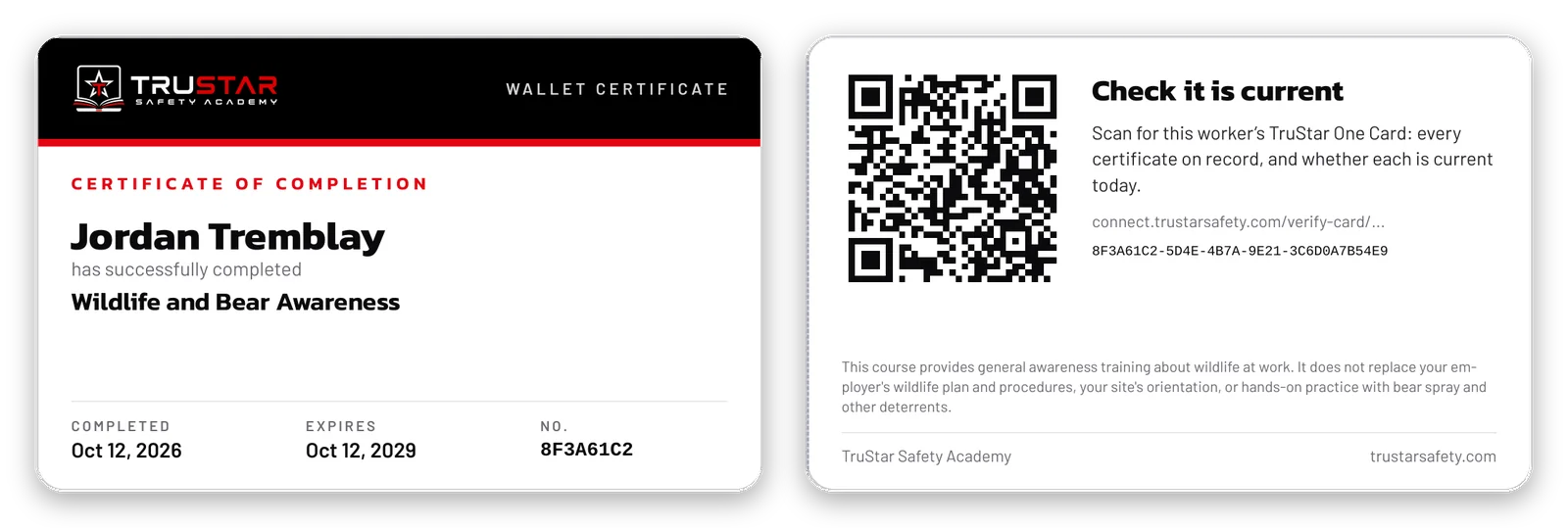 Front and back of a sample Wildlife and Bear Awareness wallet card, with the QR code on the back