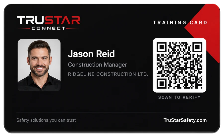 A TruStar One Card on a phone, listing a worker's certificates and a QR code