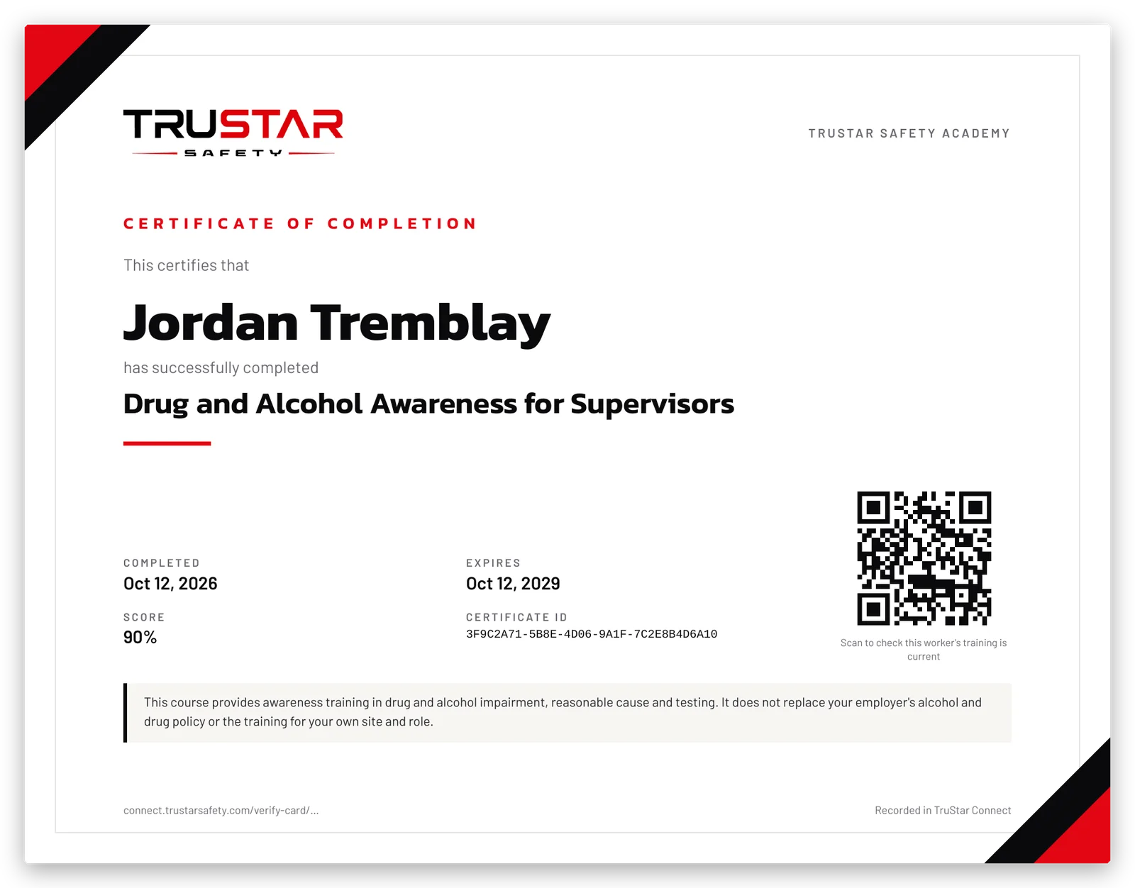 Sample Drug and Alcohol Awareness for Supervisors certificate for a learner named Jordan Tremblay