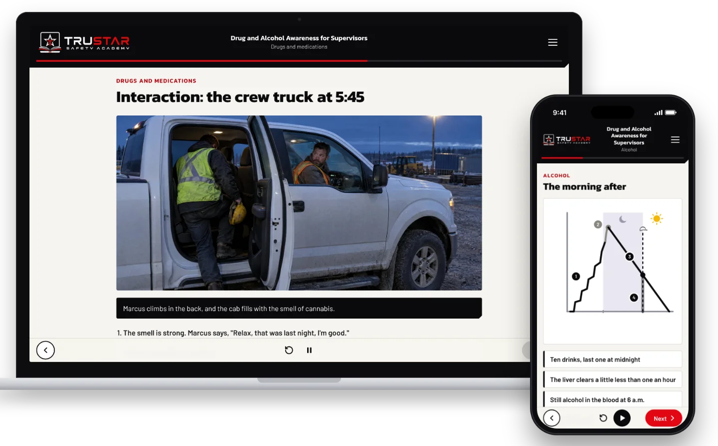 The Drug and Alcohol Awareness for Supervisors course on a laptop, showing a worker climbing into the back of a crew truck before dawn as the supervisor turns to look at him, and on a phone, a diagram of alcohol in the blood through the night and into the morning shift.