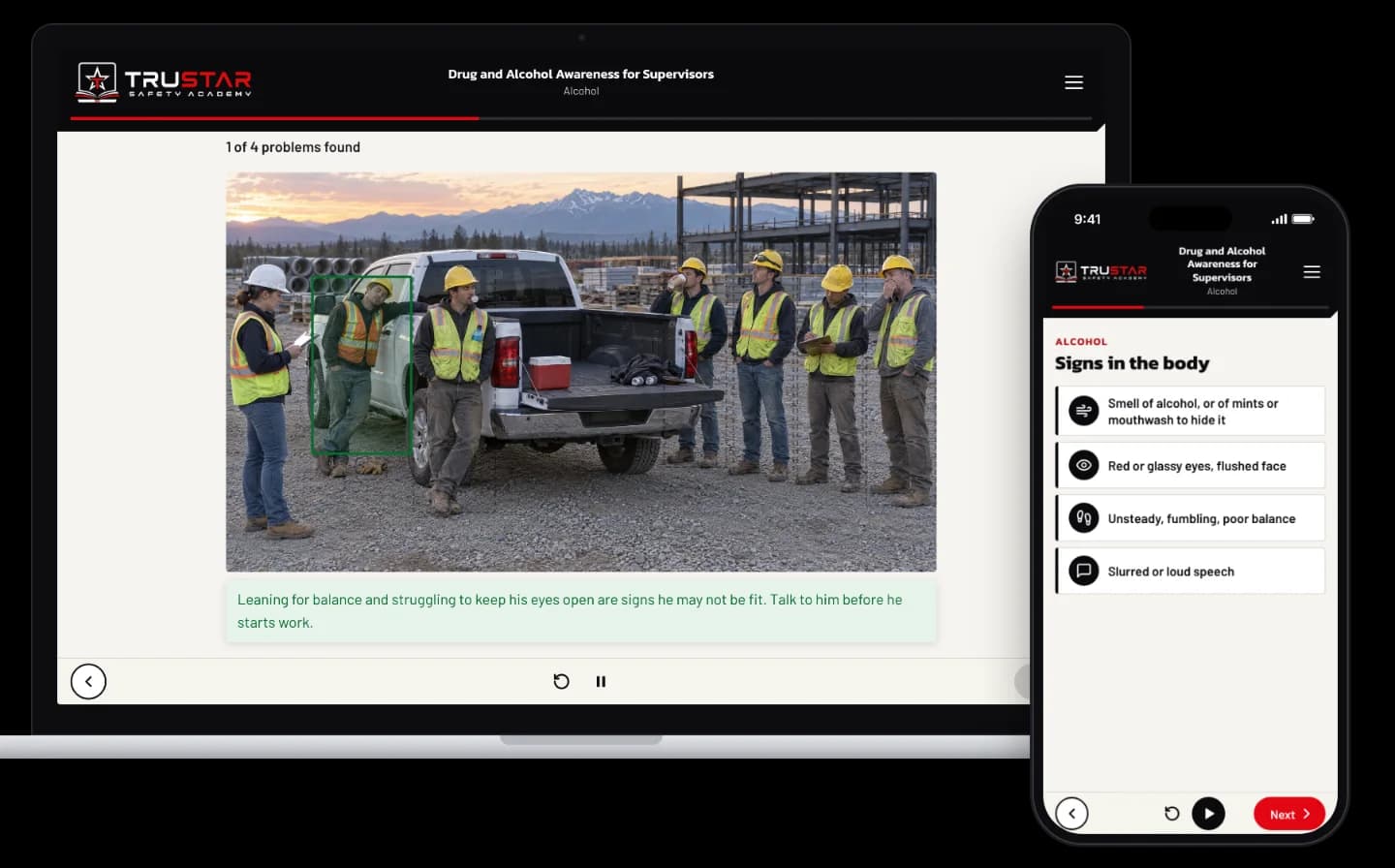 The Drug and Alcohol Awareness for Supervisors course on a laptop, showing a crew at a 6:30 toolbox talk around a pickup with a worker leaning on it marked as a sign found, and on a phone, the signs of alcohol in the body.