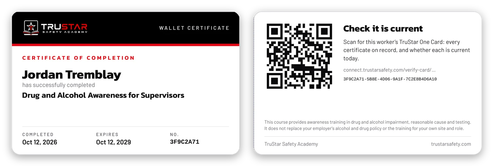 Front and back of a sample Drug and Alcohol Awareness for Supervisors wallet card, with the QR code on the back
