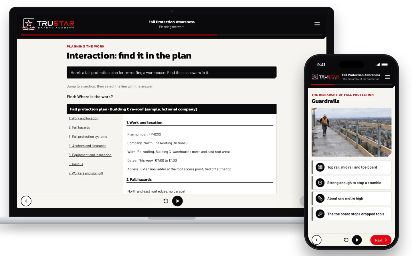 The Fall Protection Awareness course on a laptop, showing a fall protection plan to search for answers, and on a phone, what makes a proper guardrail.