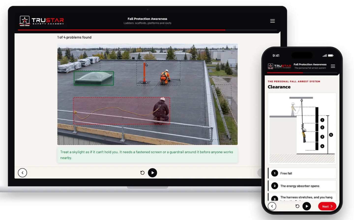 The Fall Protection Awareness course on a laptop, showing a re-roofing hazard-spotting scene with an uncovered skylight marked as a problem, and on a phone, a diagram of how far a fall takes you before the system stops it.