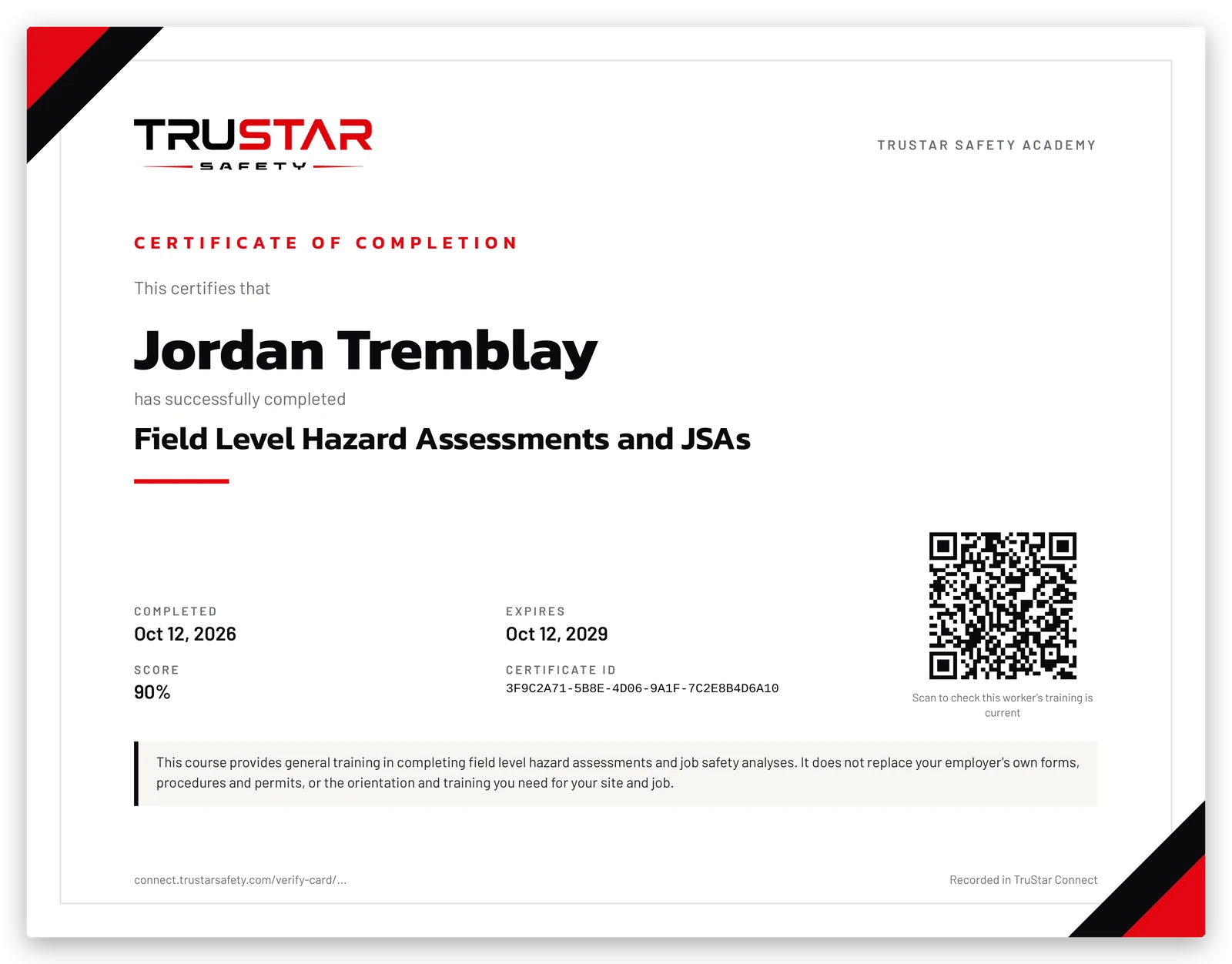 Sample Field Level Hazard Assessments and JSAs certificate for a learner named Jordan Tremblay