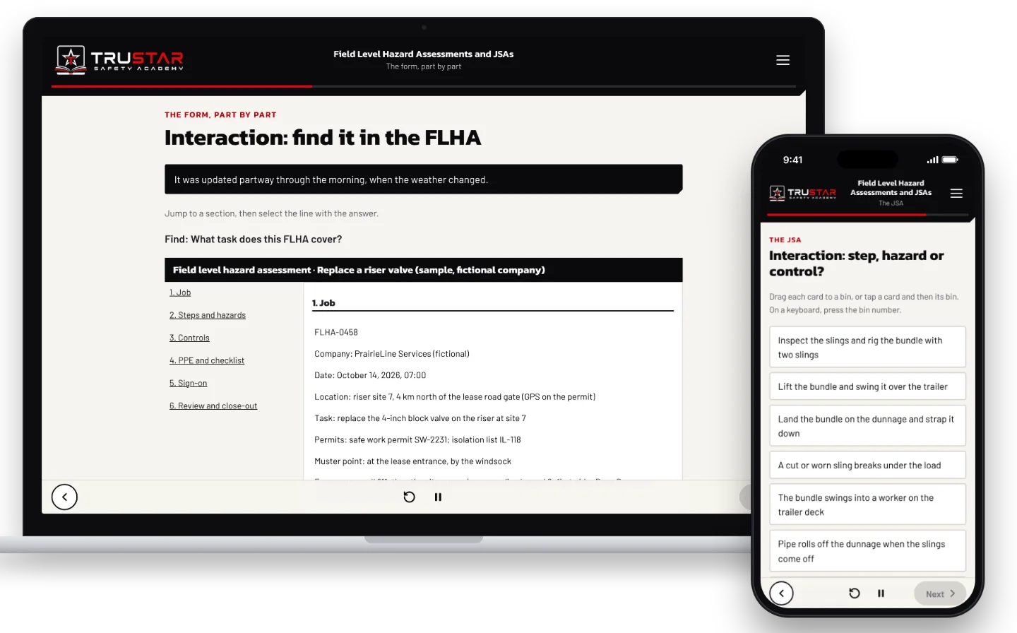 The Field Level Hazard Assessments and JSAs course on a laptop, showing a filled-in sample FLHA for replacing a riser valve with questions to answer from it, and on a phone, a pipe-loading JSA being sorted into steps, hazards and controls.