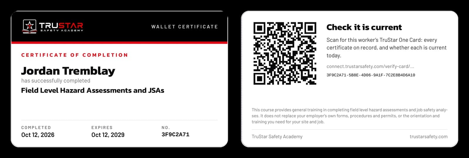 Front and back of a sample Field Level Hazard Assessments and JSAs wallet card, with the QR code on the back