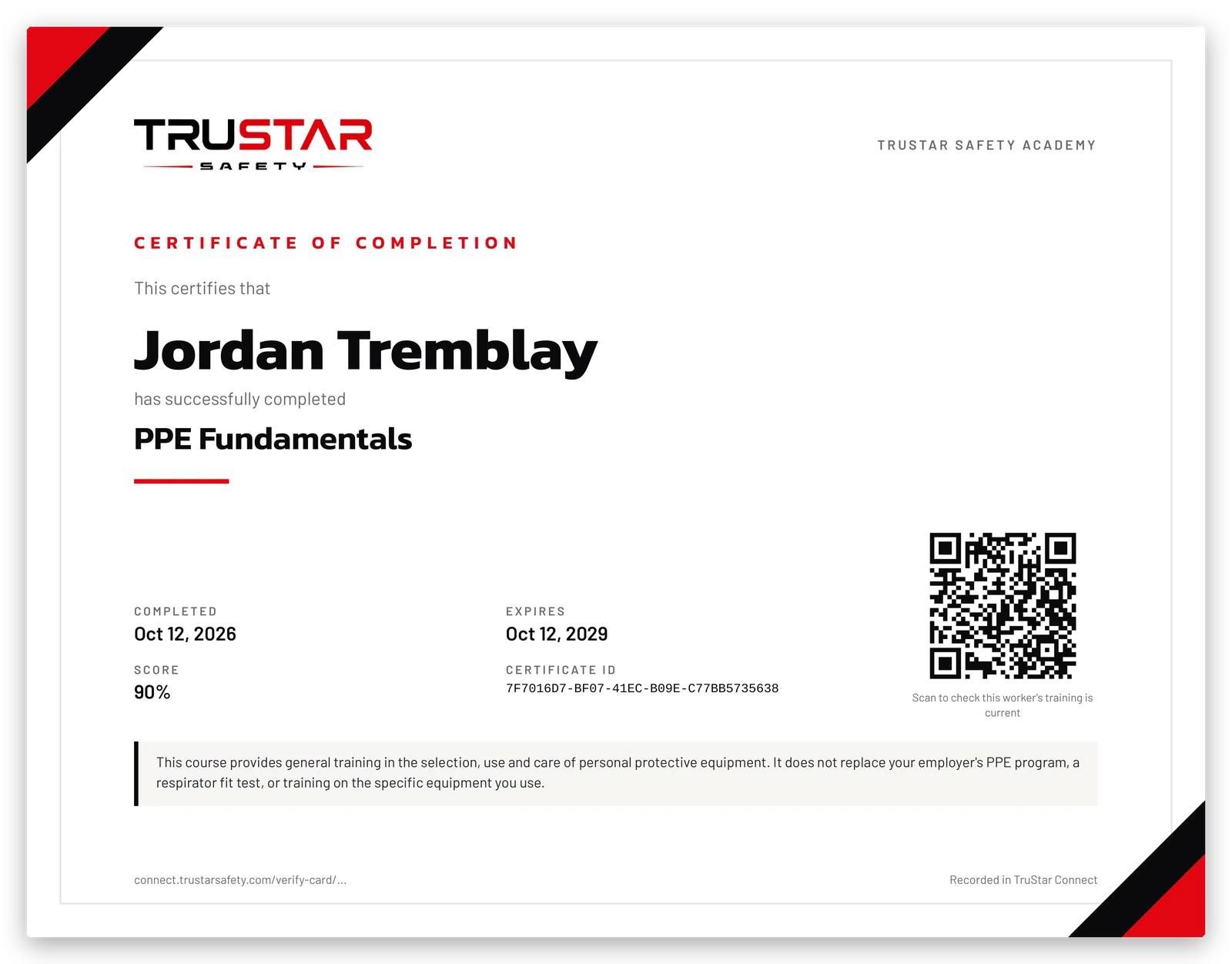 Sample PPE Fundamentals certificate for a learner named Jordan Tremblay