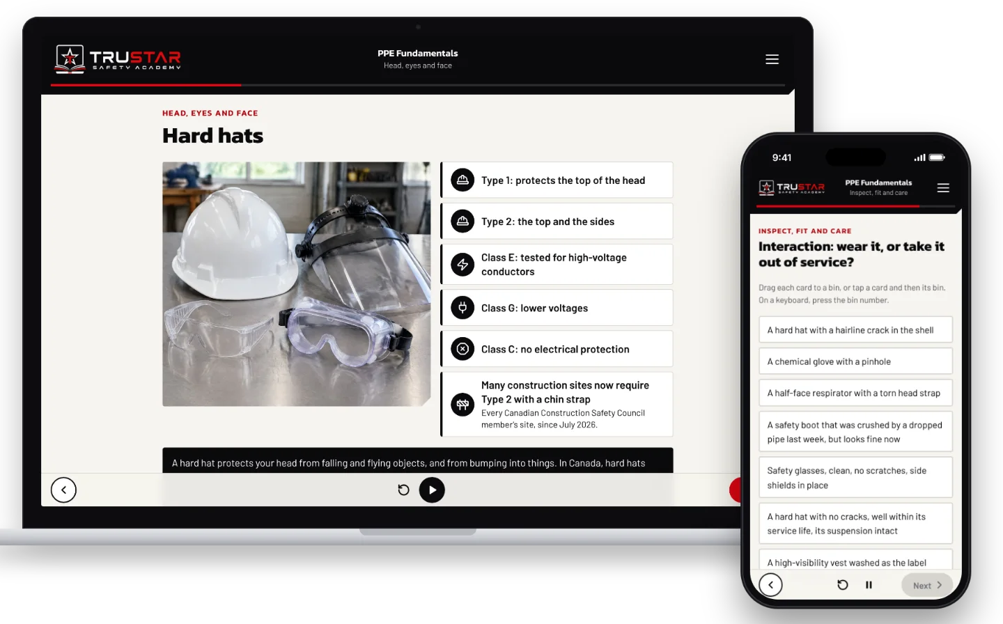 The PPE Fundamentals course on a laptop, showing a hard hat, a face shield, safety glasses and goggles on a table beside the types and classes of hard hat, and on a phone, sorting PPE from the start of a shift into fit to wear or out of service.