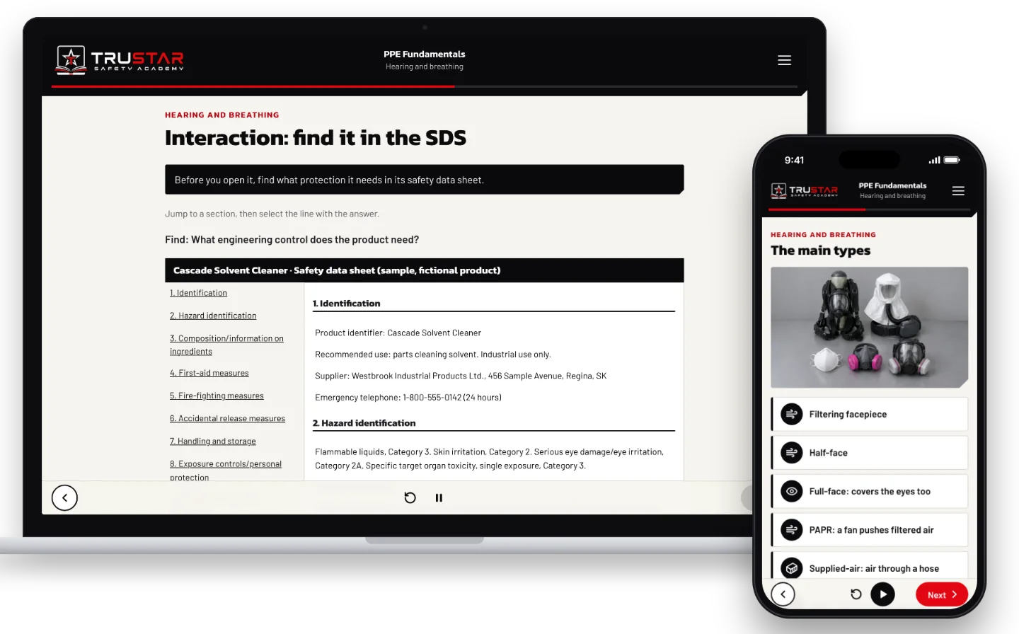The PPE Fundamentals course on a laptop, showing a solvent’s safety data sheet with a question to answer from it, and on a phone, the main types of respirator, from a filtering facepiece to supplied air.
