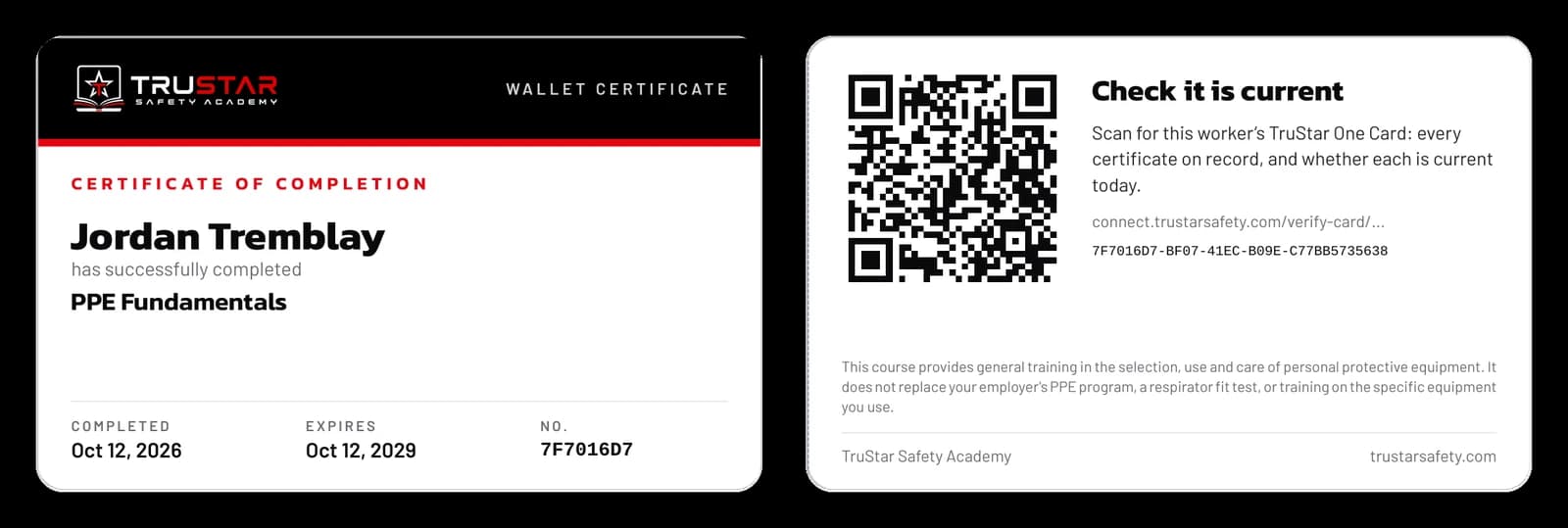 Front and back of a sample PPE Fundamentals wallet card, with the QR code on the back