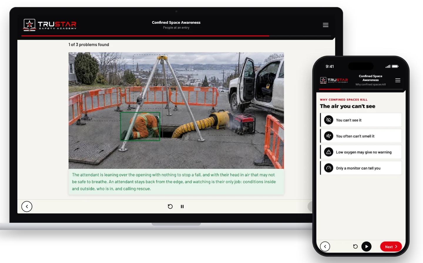 The Confined Space Awareness course on a laptop, showing a city vault hazard-spotting scene with the attendant leaning over the opening marked as a problem, and on a phone, why the air in a confined space gives no warning.