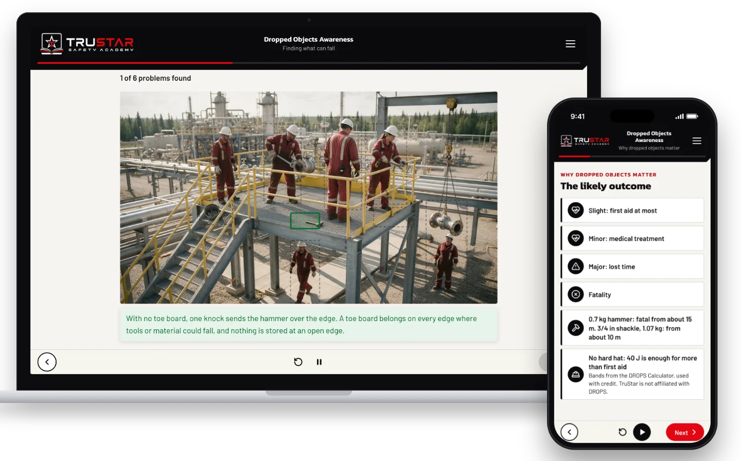 The Dropped Objects Awareness course on a laptop, showing a steel work platform at a gas plant with a hammer lying at an edge that has no toe board, marked as a problem found, and on a phone, the likely outcome of a dropped object from first aid to a fatality.