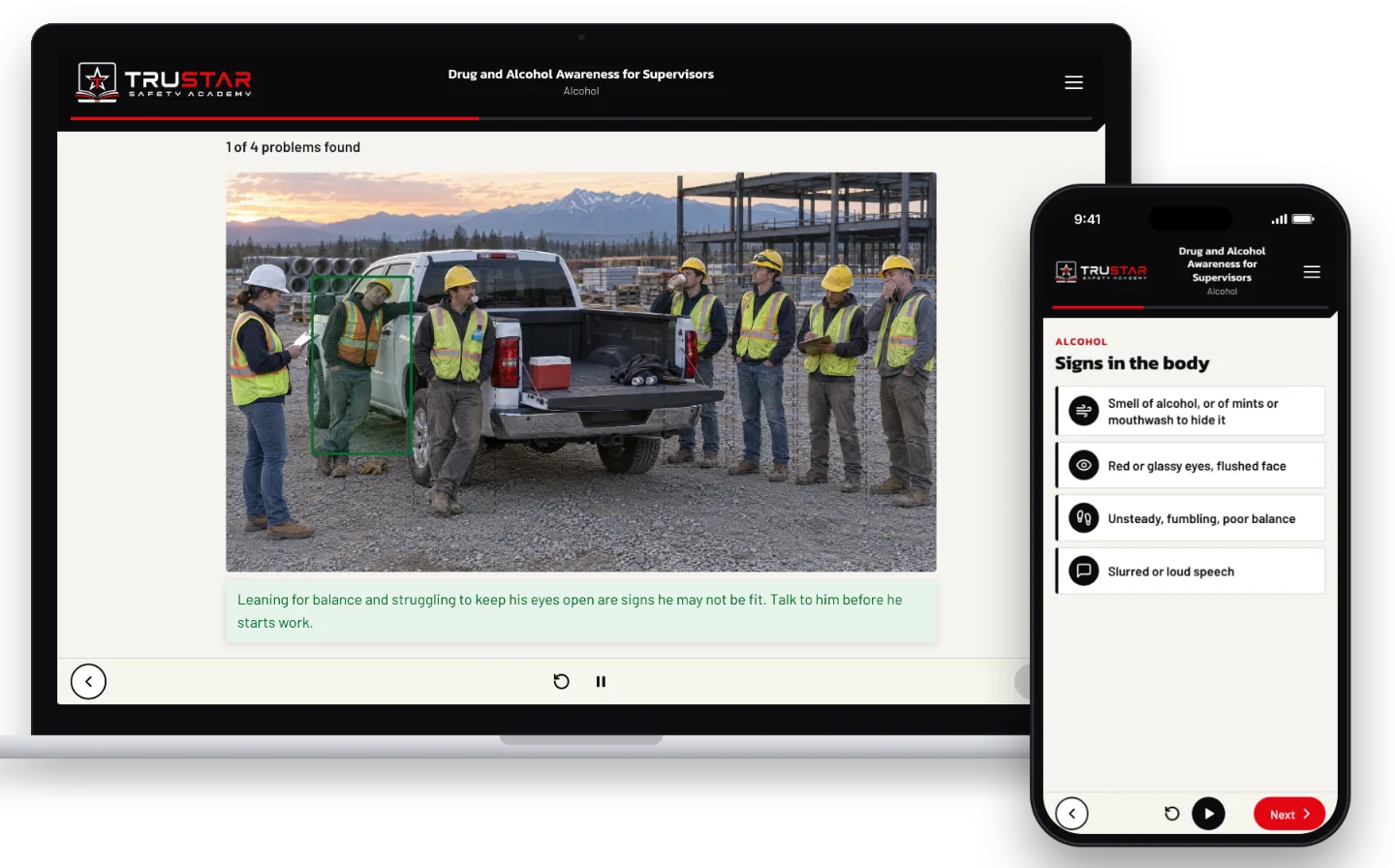 The Drug and Alcohol Awareness for Supervisors course on a laptop, showing a crew at a 6:30 toolbox talk around a pickup with a worker leaning on it marked as a sign found, and on a phone, the signs of alcohol in the body.