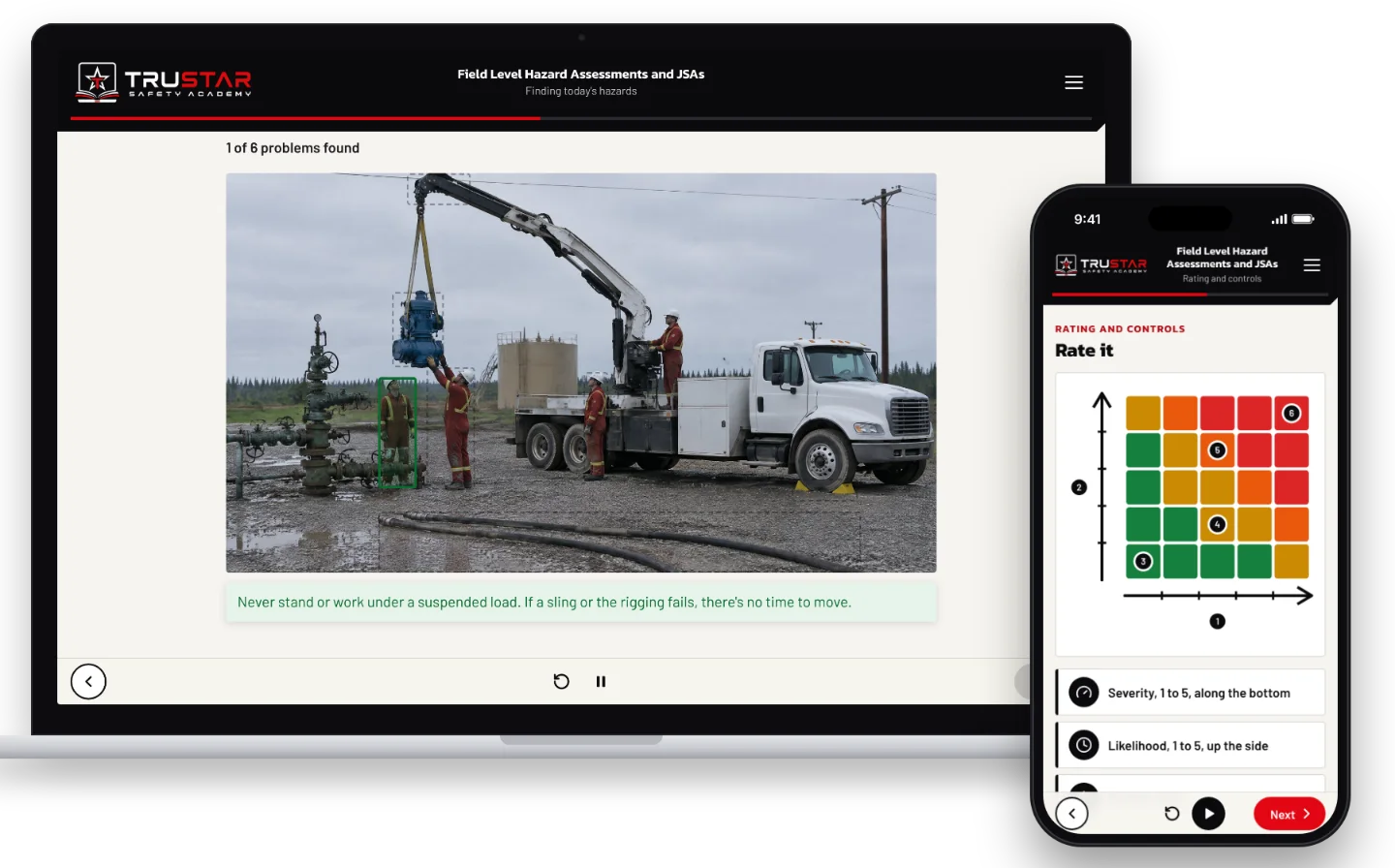 The Field Level Hazard Assessments and JSAs course on a laptop, showing a wellsite lift with a worker standing under a pump hanging from a picker truck’s crane beside a wellhead, marked as a hazard found, and on a phone, the 5x5 risk matrix.