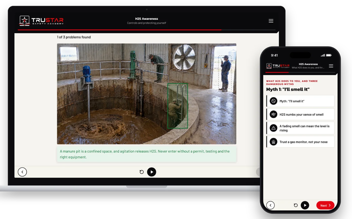 The H2S Awareness course on a laptop, showing a barn manure pit hazard-spotting scene with a worker climbing down into the pit marked as a hazard, and on a phone, explaining why you cannot trust your nose to smell H2S.