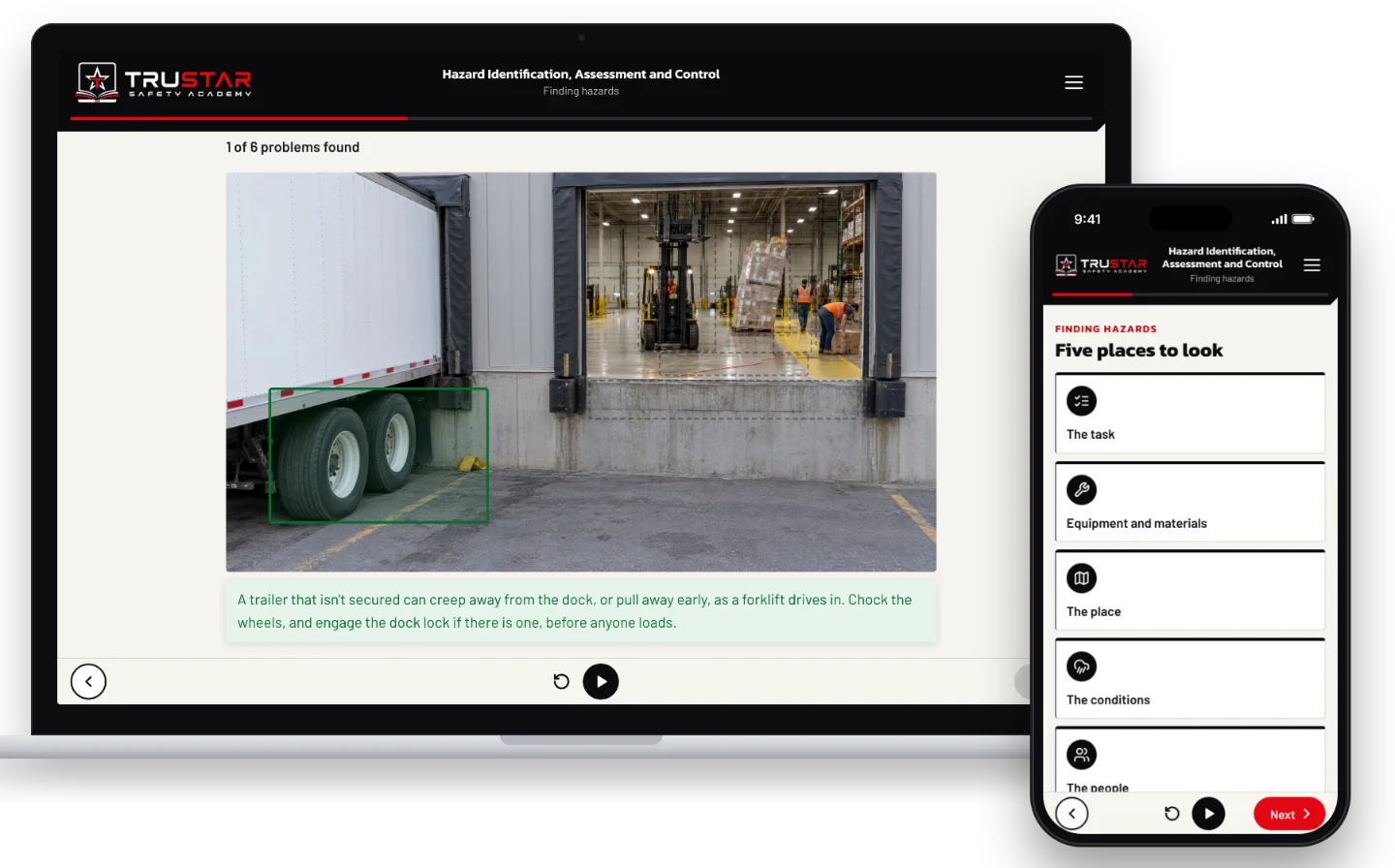 The Hazard Identification, Assessment and Control course on a laptop, showing a warehouse loading dock with an unsecured trailer marked as a hazard found, and on a phone, the five places to look for hazards.